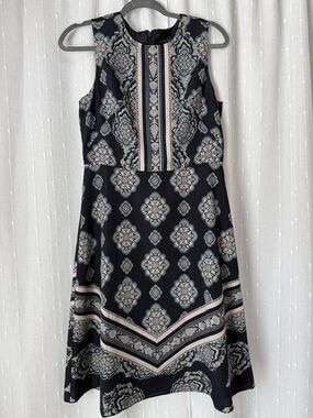 Ann Taylor Navy Sleeveless Midi Dress with Blue and Light Pink Medallion Print